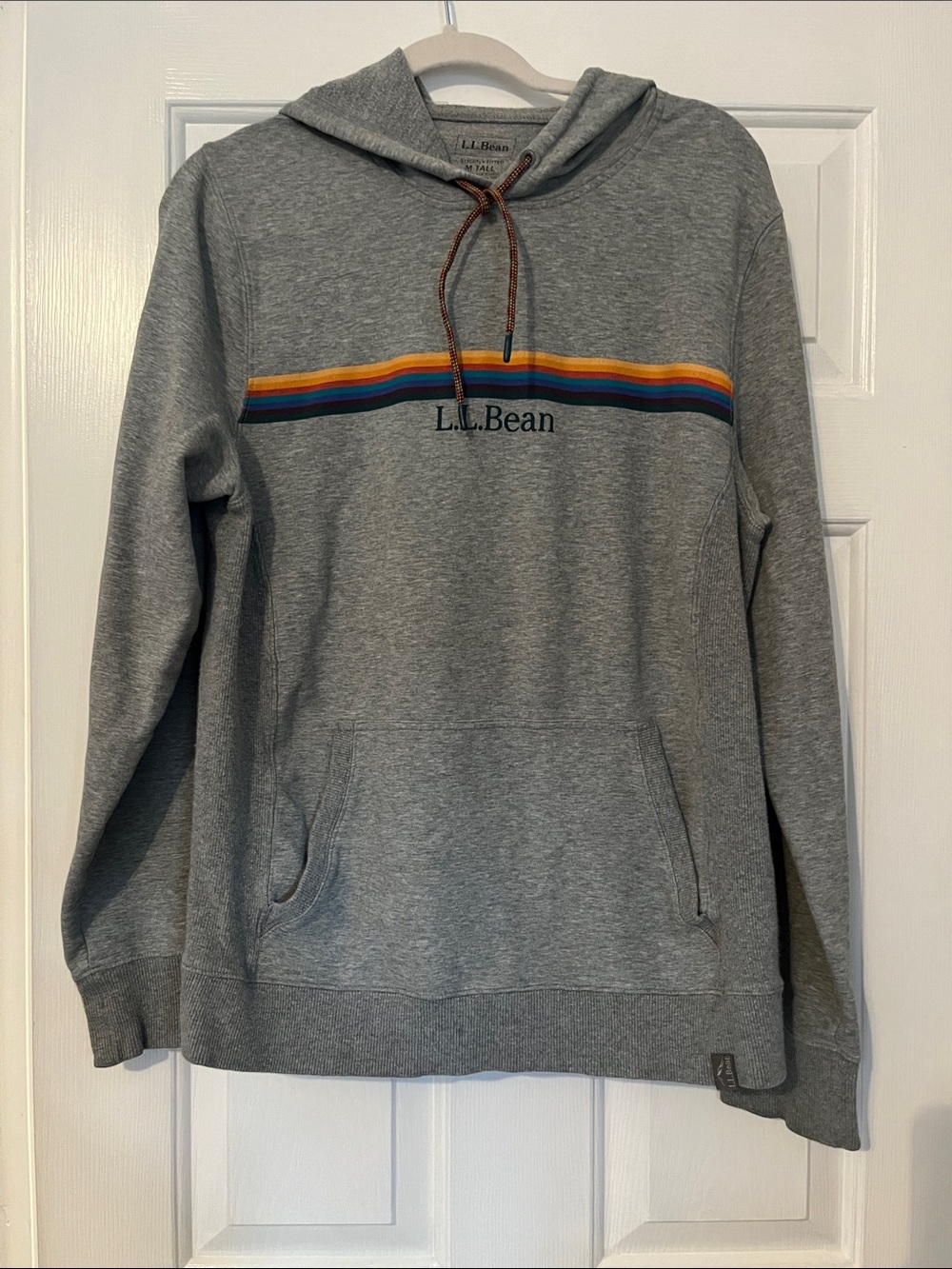 L.L. Bean Gray Hoodie with Rainbow Chest Stripe- Size Medium Tall